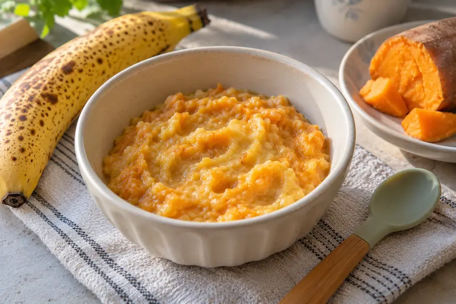 Homemade banana baby food combinations featuring orange-gold banana and sweet potato mash in a cream bowl, with cooked sweet potato and ripe banana.
