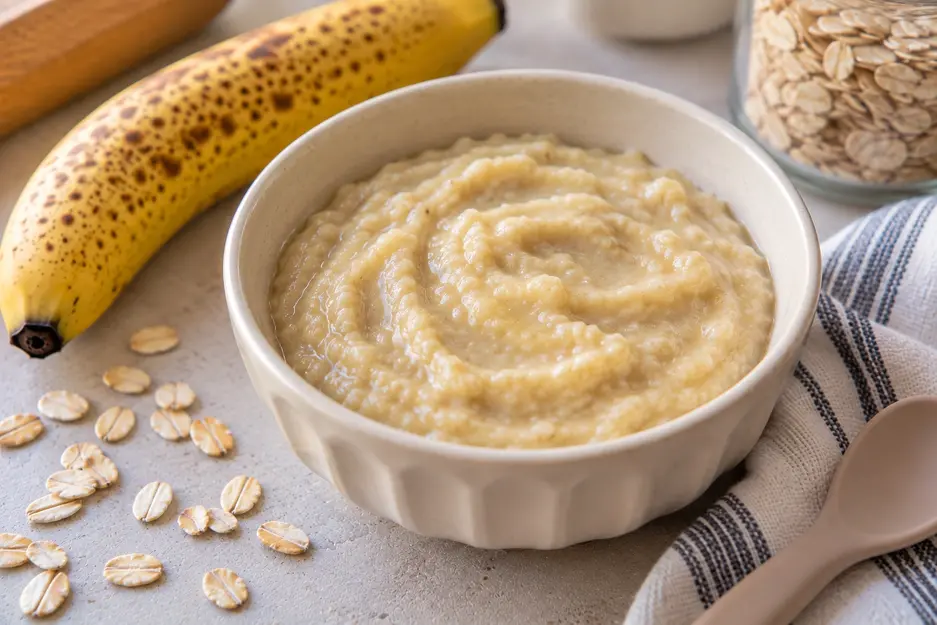 Creamy banana oatmeal puree in a cream bowl with ripe banana and oats, a smooth homemade option for banana baby food combinations.
