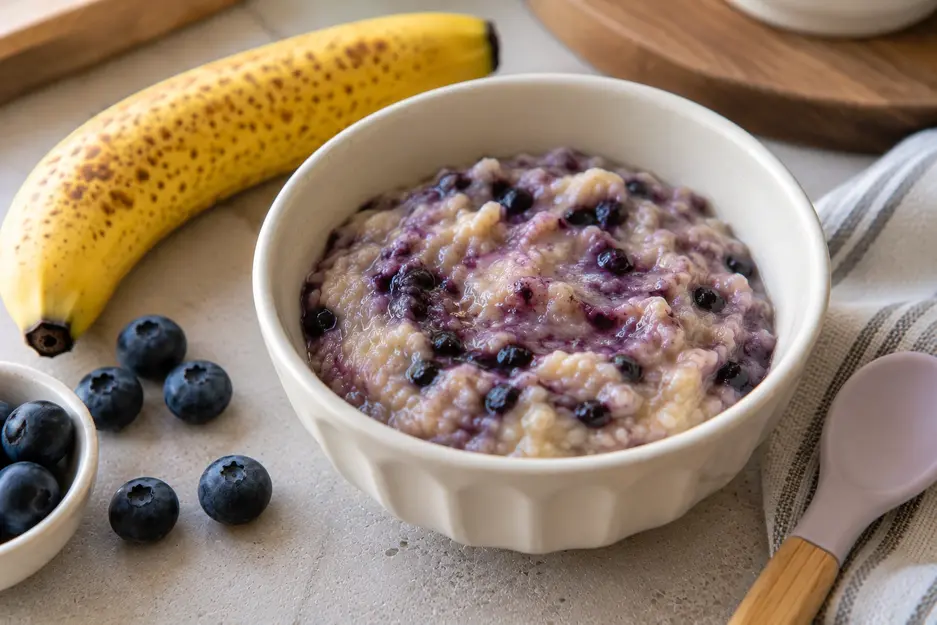Creamy banana-blueberry puree with natural purple swirls and crushed berries in a cream bowl, an easy homemade banana baby food combination.