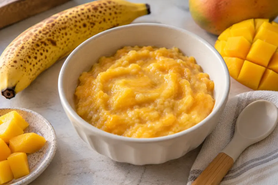 Creamy banana-mango puree in a cream ceramic bowl with ripe mango cubes and a speckled banana, an easy homemade banana baby food combination.