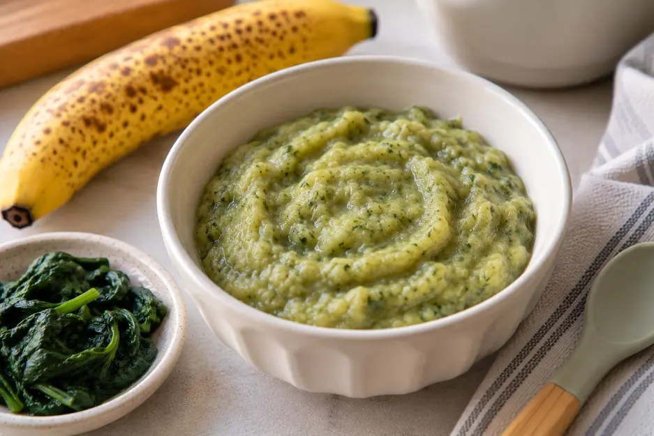 Creamy banana-spinach puree in a cream bowl with cooked spinach and ripe banana, a nutritious homemade banana baby food combination.