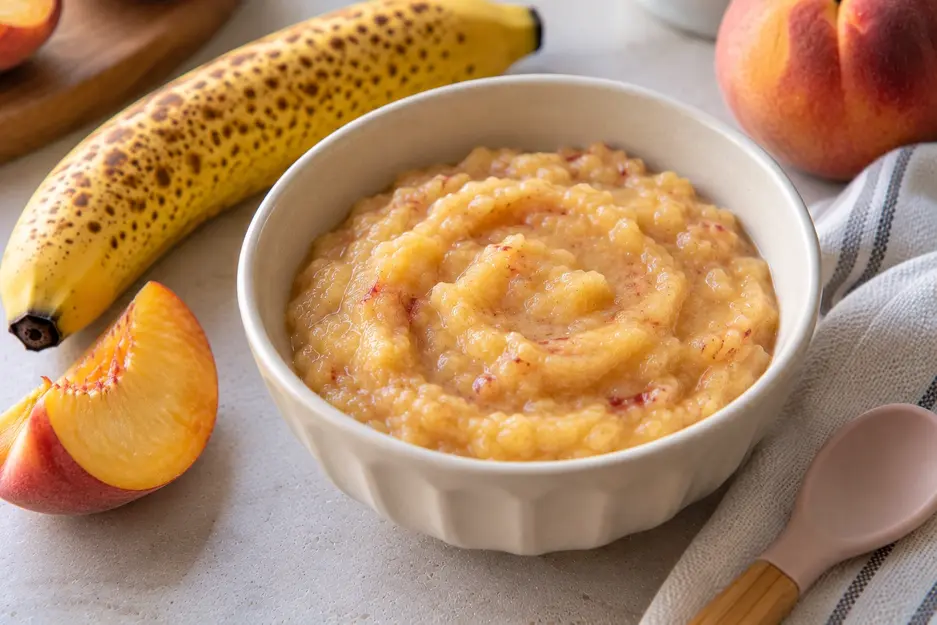 Creamy banana-peach puree in a cream ceramic bowl with ripe peach and speckled banana, an easy homemade banana baby food combination.