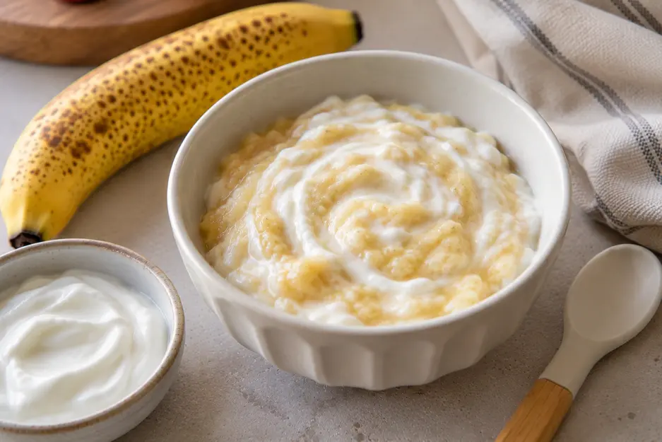 Creamy banana and plain yogurt puree swirled together in a cream bowl, an easy homemade banana baby food combination with ripe banana.