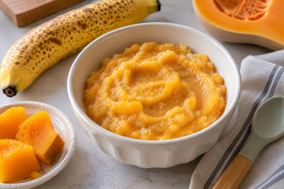 Creamy banana-butternut squash puree in a cream ceramic bowl with cooked squash and ripe banana, an easy homemade banana baby food combination.