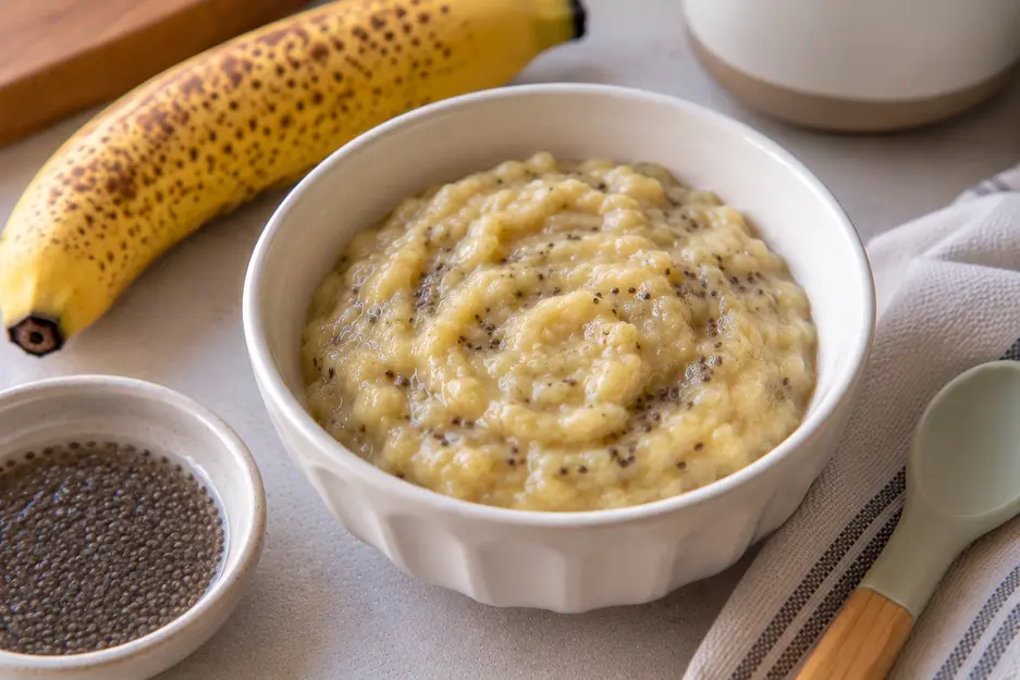 Creamy banana chia puree in a cream ceramic bowl with fully hydrated chia seeds and ripe banana, an easy homemade banana baby food combination.