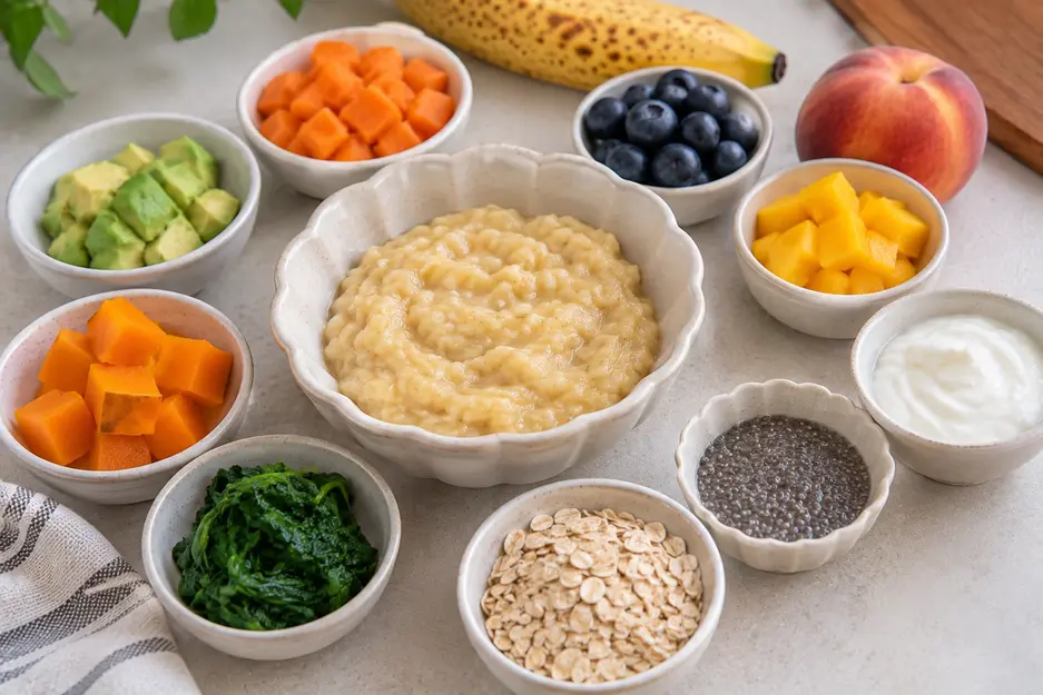 Banana baby food combinations featuring creamy banana puree surrounded by avocado, sweet potato, blueberries, mango, spinach, peach, yogurt, squash, oats and chia.