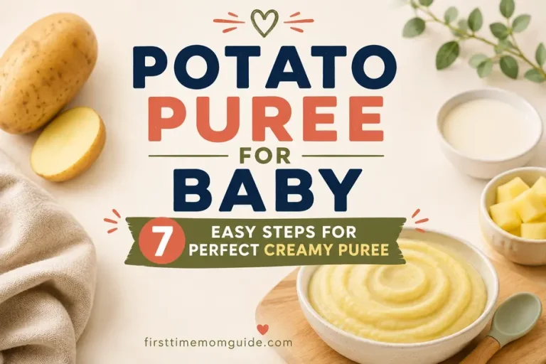 Potato puree for baby with 7 easy steps for perfect creamy puree, featuring smooth homemade puree, fresh potatoes, and a baby spoon.