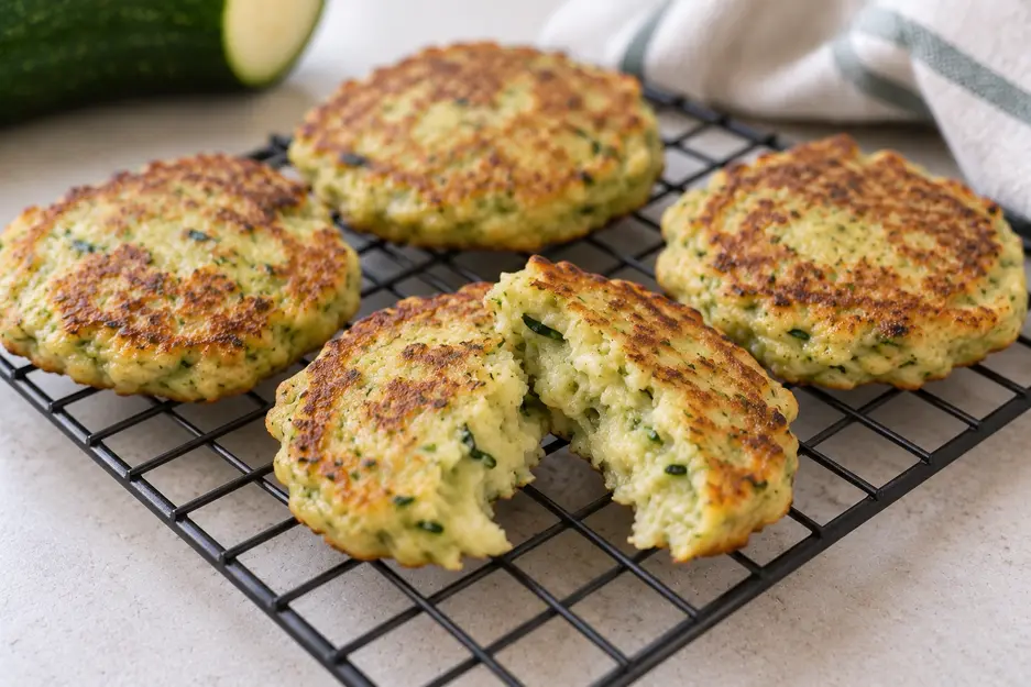 Zucchini Pancakes for Baby cooling on a wire rack, with one pancake torn open to reveal a soft, fully cooked interior with visible zucchini strands.