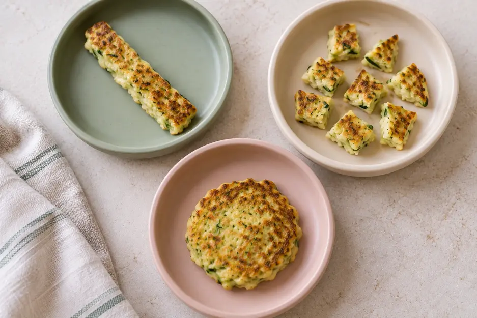Zucchini Pancakes for Baby served as a soft strip, bite-sized pieces, and a small whole pancake on three baby plates.