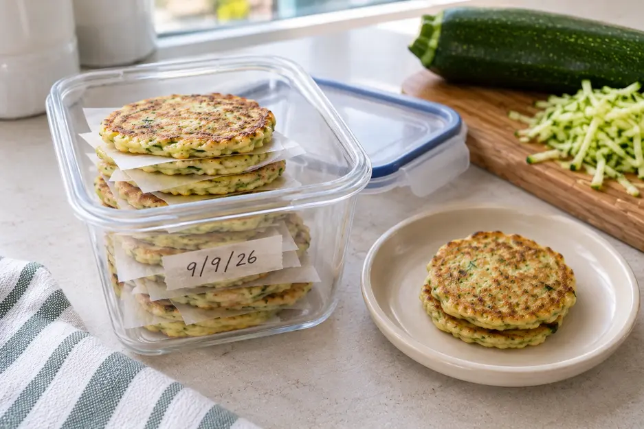 Zucchini Pancakes for Baby stacked in a freezer-safe container with parchment between layers, alongside a small serving on a plate.