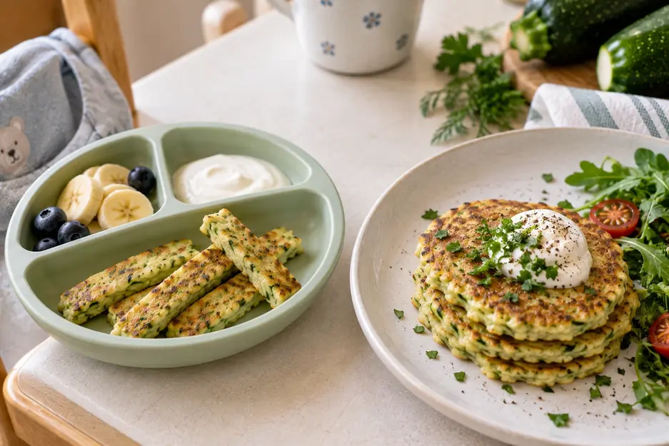 Zucchini Pancakes for Baby served as soft strips with plain yogurt and fruit, alongside an adult plate of herb-topped zucchini pancakes.