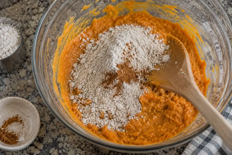 Flour and cinnamon added to sweet potato batter for baby led weaning pancakes, ready to mix into a thick homemade batter.