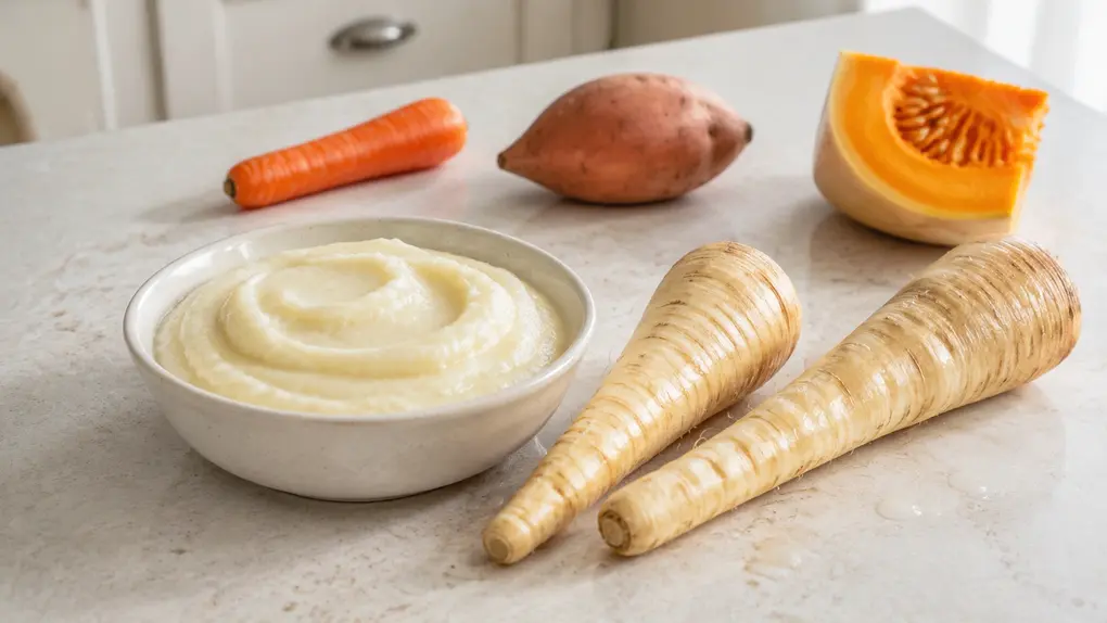 Bright landscape photo of parsnip puree for baby with fresh parsnips, carrot, sweet potato, and squash on a clean kitchen counter.