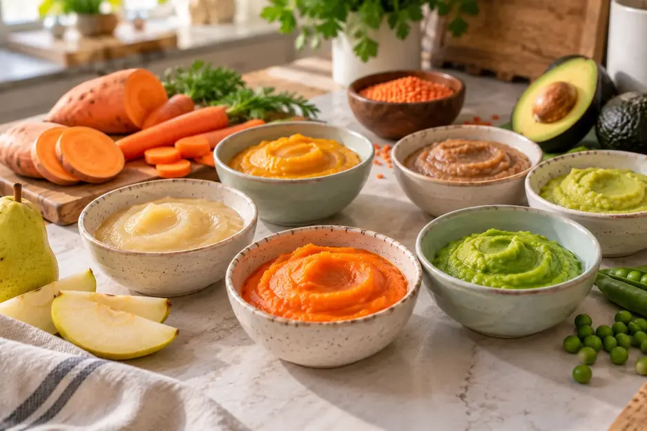 Stage 1 baby purees with creamy sweet potato, carrot, pea, avocado, pear and lentil purees paired with fresh ingredients.