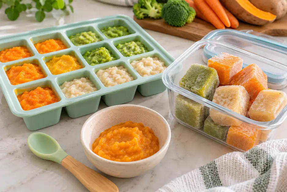 Stage 1 baby purees stored in a silicone freezer tray with frozen puree cubes and a thawed serving for easy homemade baby food prep.