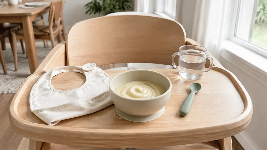 Bright high-chair tray with parsnip puree for baby in a suction bowl, silicone spoon, cotton bib, and small cup of water.