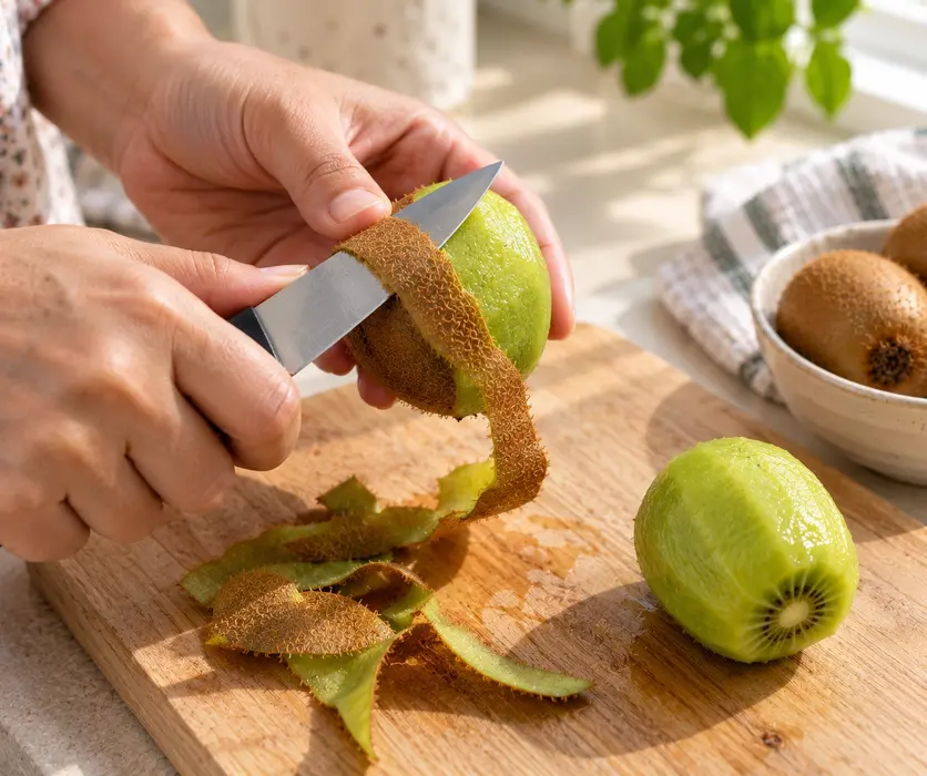 Hands peeling a ripe kiwi with a knife on a cutting board, showing a preparation step for making easy homemade kiwi puree for baby.