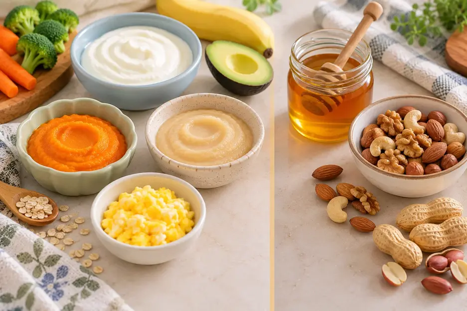 Stage 1 baby purees with safe soft first foods separated from honey and whole nuts to illustrate important baby feeding safety guidance.