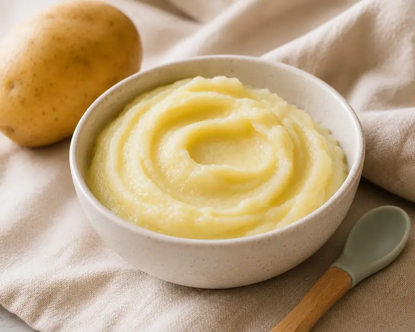 Potato puree for baby served smooth and creamy in a ceramic bowl with a baby spoon and fresh potato in soft natural light.