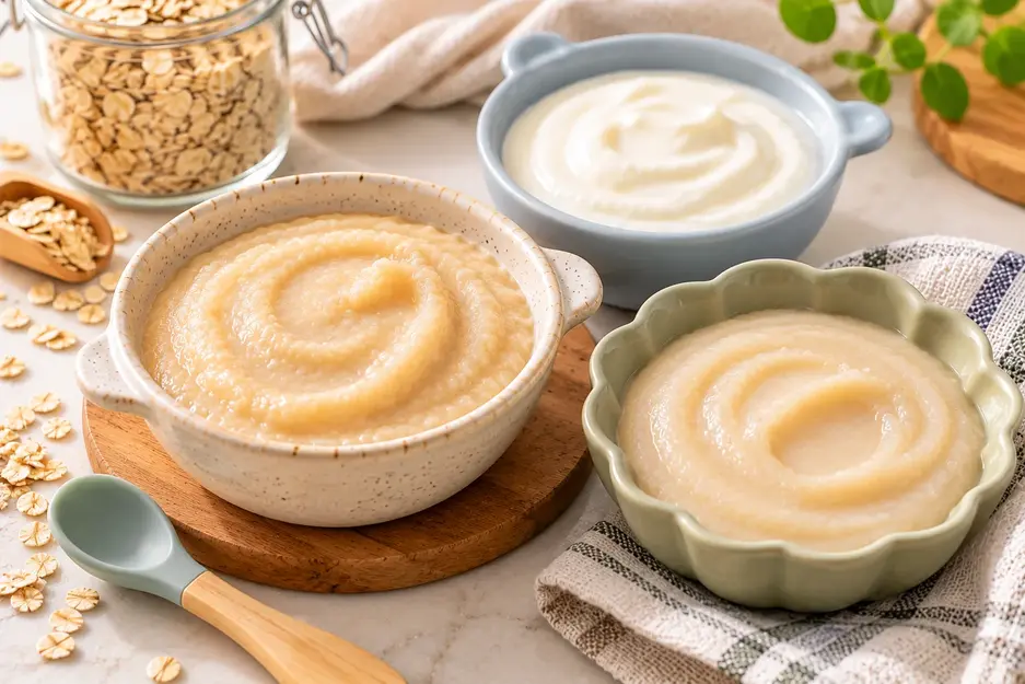 Stage 1 baby purees with creamy iron-fortified oat cereal, smooth oatmeal and plain full-fat yogurt for easy first foods.