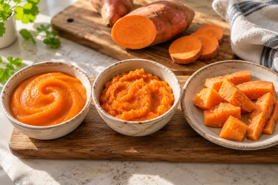 Stage 1 baby purees showing sweet potato as silky smooth puree, thicker mash and soft pieces for baby food texture progression.