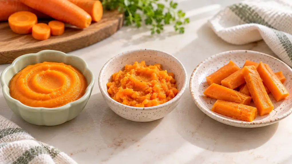 Stage 1 baby purees showing carrot as creamy smooth puree, thicker mash and soft pieces to demonstrate baby food texture progression.
