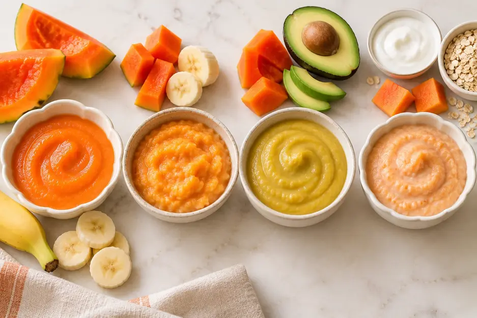 Papaya puree for baby combinations with banana, avocado, plain yogurt, and oatmeal, served in small bowls with fresh ingredients nearby.