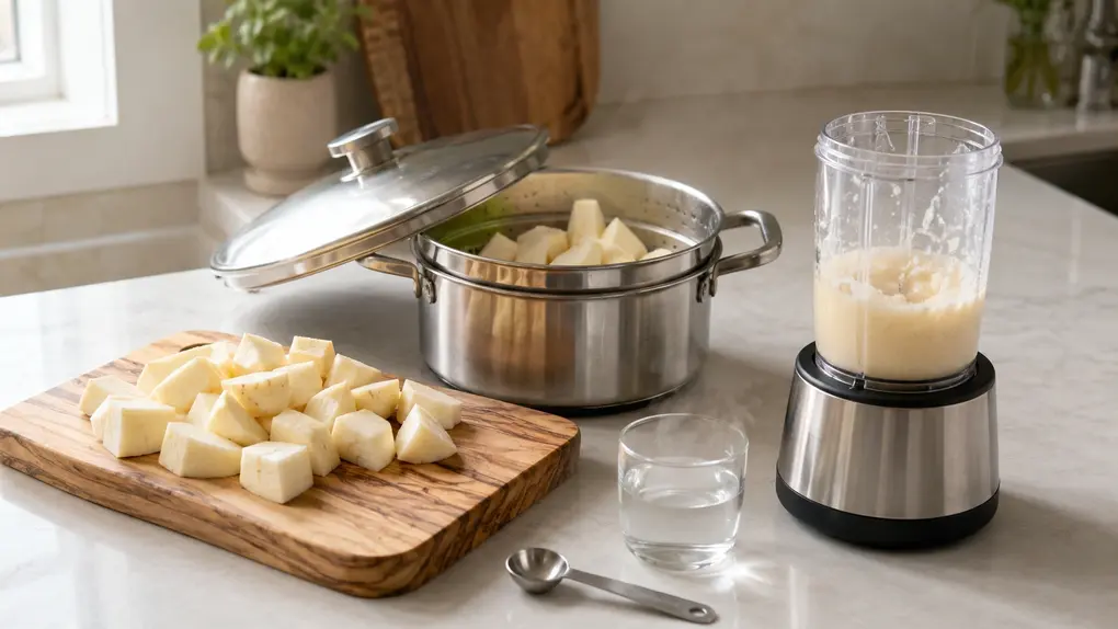 Parsnip puree for baby recipe process with peeled chunks, a stainless-steel steamer, blending cup, measuring spoon, and steaming water.