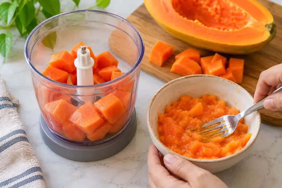 Ripe papaya chunks in a blender and fork-mashed papaya showing two easy textures for preparing homemade papaya puree for baby.