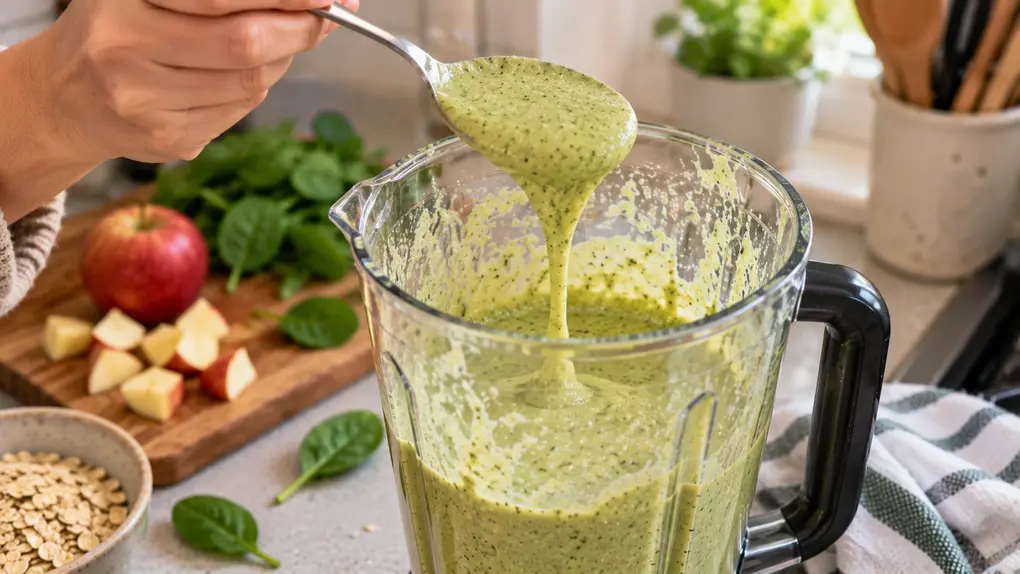 Spinach apple pancakes for babies Step 4 showing thick pale green batter falling from a spoon into the blender to check its smooth, pourable consistency.