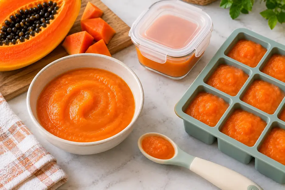 Papaya puree for baby portioned into a silicone freezer tray with fresh papaya, a storage container, and spoon for easy homemade baby food storage.