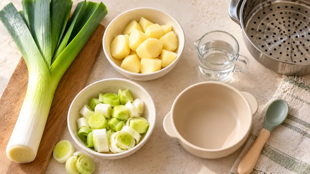 Leek puree for baby ingredients with fresh leek, peeled potato, water, steamer basket, baby bowl and spoon ready for homemade baby food.