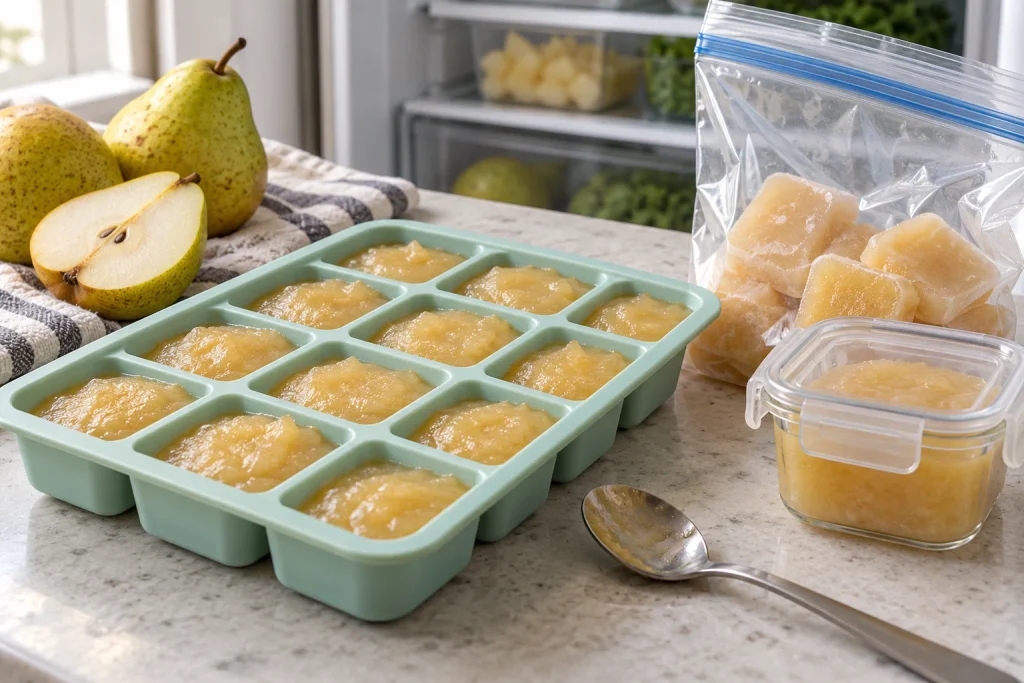 Pear puree for baby in a silicone portion tray, freezer bag and airtight container on a counter with a spoon nearby.