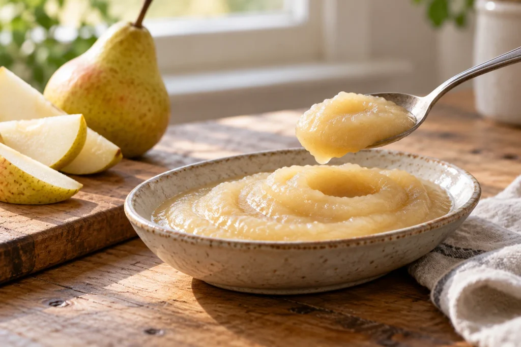 Pear puree for baby in an oval stoneware dish with a spoonful lifted above it and pear slices nearby in warm window light.