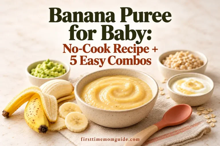 Banana puree for baby with avocado, oatmeal and yogurt bowls, centered no-cook recipe title and firsttimemomguide.com at the bottom.