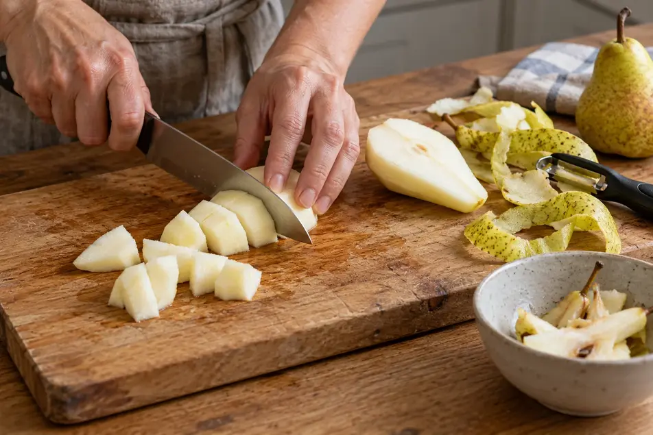 Hands slicing peeled pear into small pieces for pear puree for baby, with a peeler, peel curls and a bowl of cores nearby.