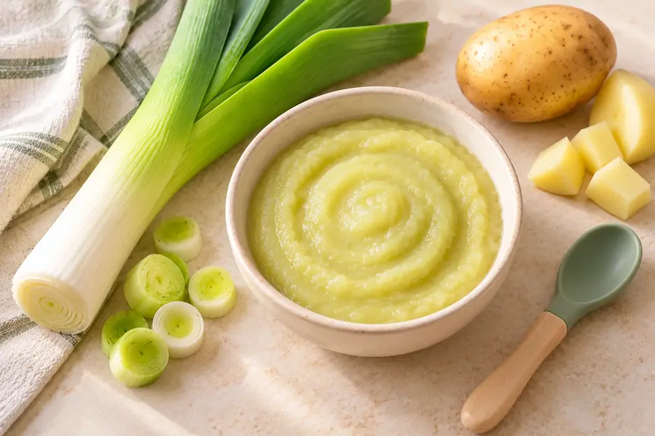 Leek puree for baby with creamy potato in a bowl, surrounded by fresh leek, potato and a baby spoon for an easy homemade baby food recipe.