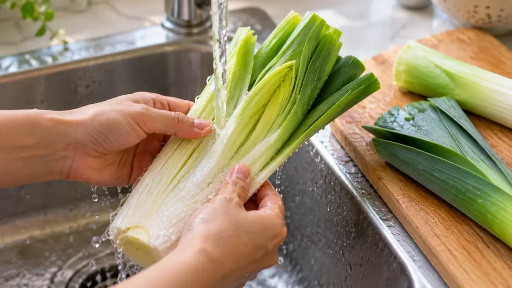 Leek puree for baby preparation showing fresh leek layers being washed thoroughly under running water before making homemade baby food.