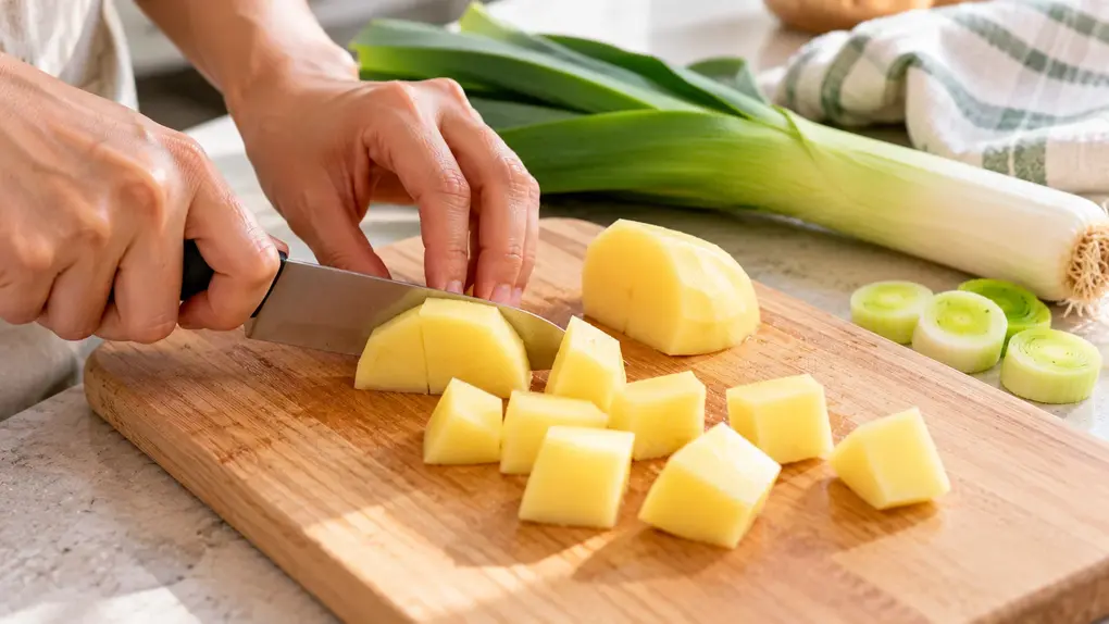 Leek puree for baby preparation showing peeled potato cut into even cubes with fresh leek nearby, ready for steaming and homemade baby food.
