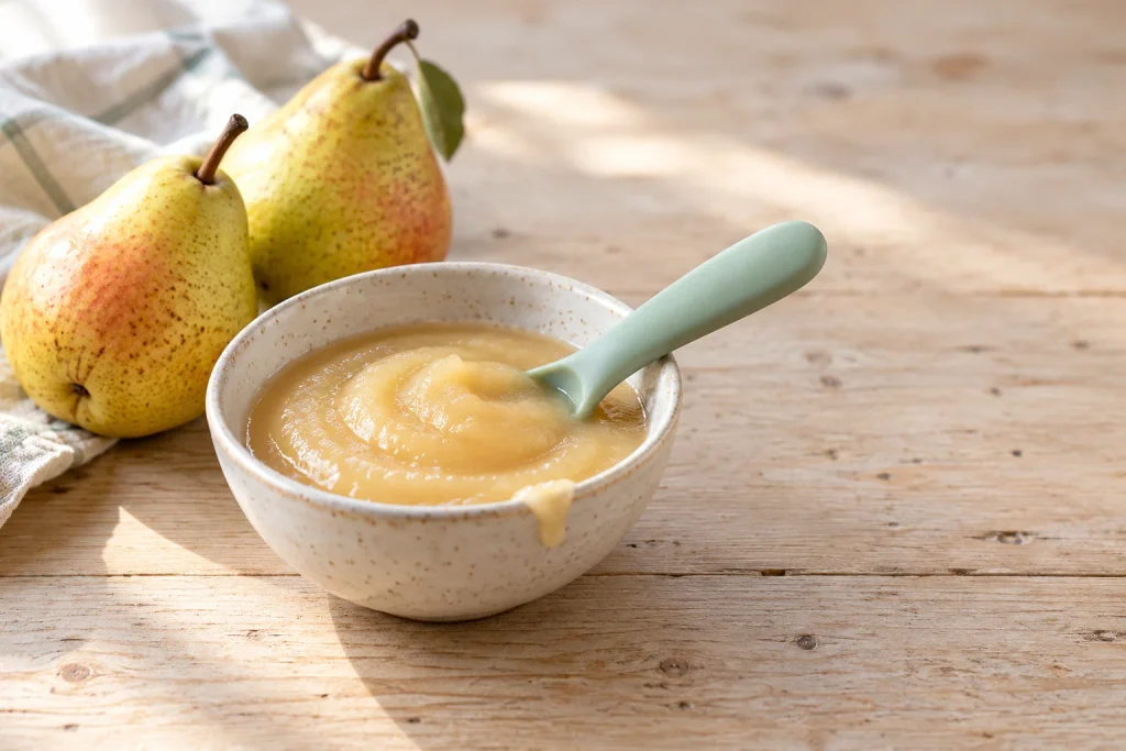 Smooth pear puree for baby in a ceramic bowl with a silicone spoon and two ripe pears on a light wooden table.