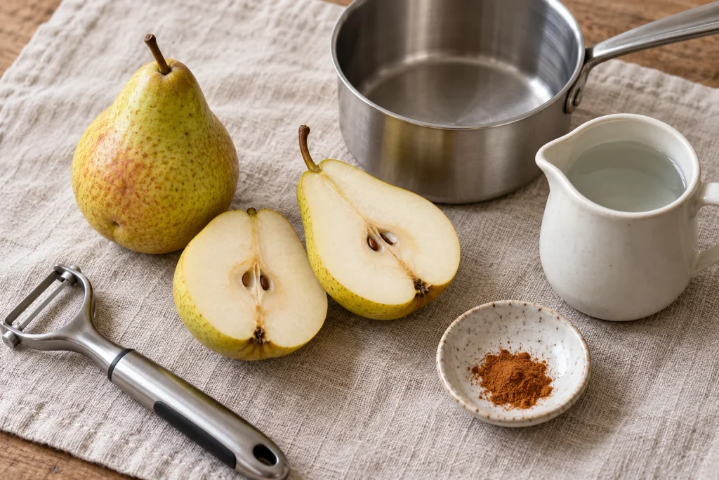 Ingredients for pear puree for baby: ripe pears, water and cinnamon, with a saucepan and vegetable peeler on neutral linen.