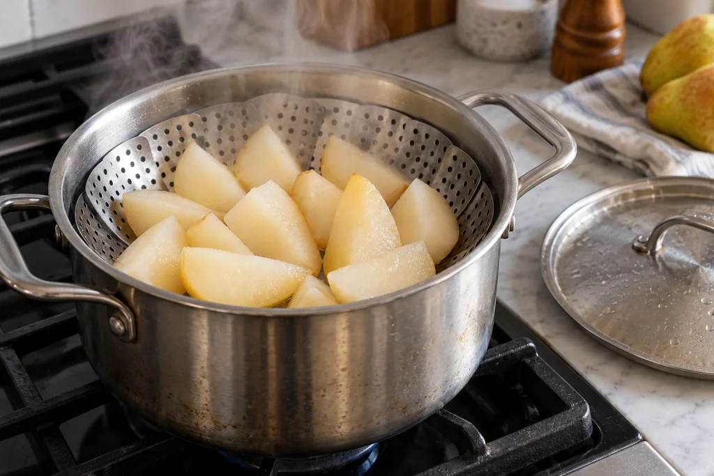 Pear pieces steaming in a basket inside a saucepan for pear puree for baby, with light steam rising and a lid beside the pot.