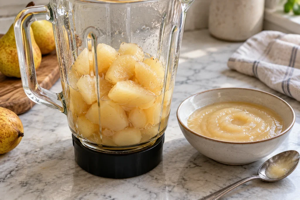 Cooked pear pieces with a little liquid in a blender jug beside a bowl of smooth pear puree for baby and a spoon.