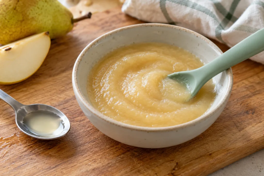 Smooth pear puree for baby in a ceramic bowl with a silicone spoon, beside a teaspoon of liquid on a wooden board.