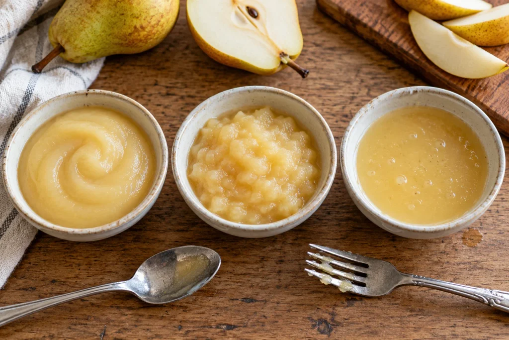 Three bowls of pear puree for baby showing smooth, slightly lumpy and thin textures, with a fork and teaspoon nearby.
