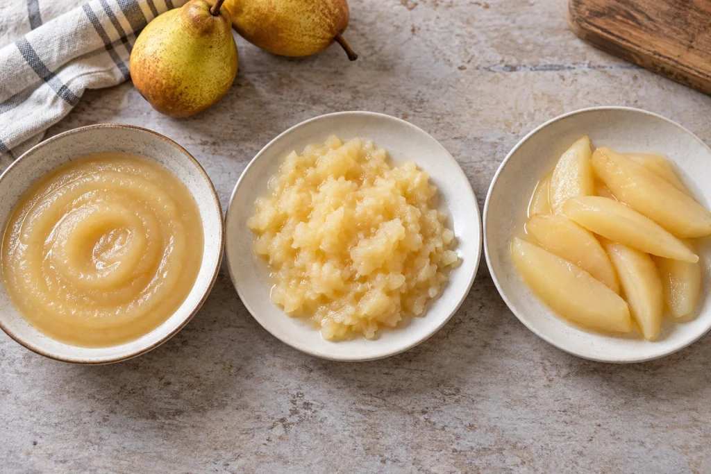 Three ways to serve pear: smooth pear puree for baby, fork-mashed pear and soft cooked pear spears on separate dishes.