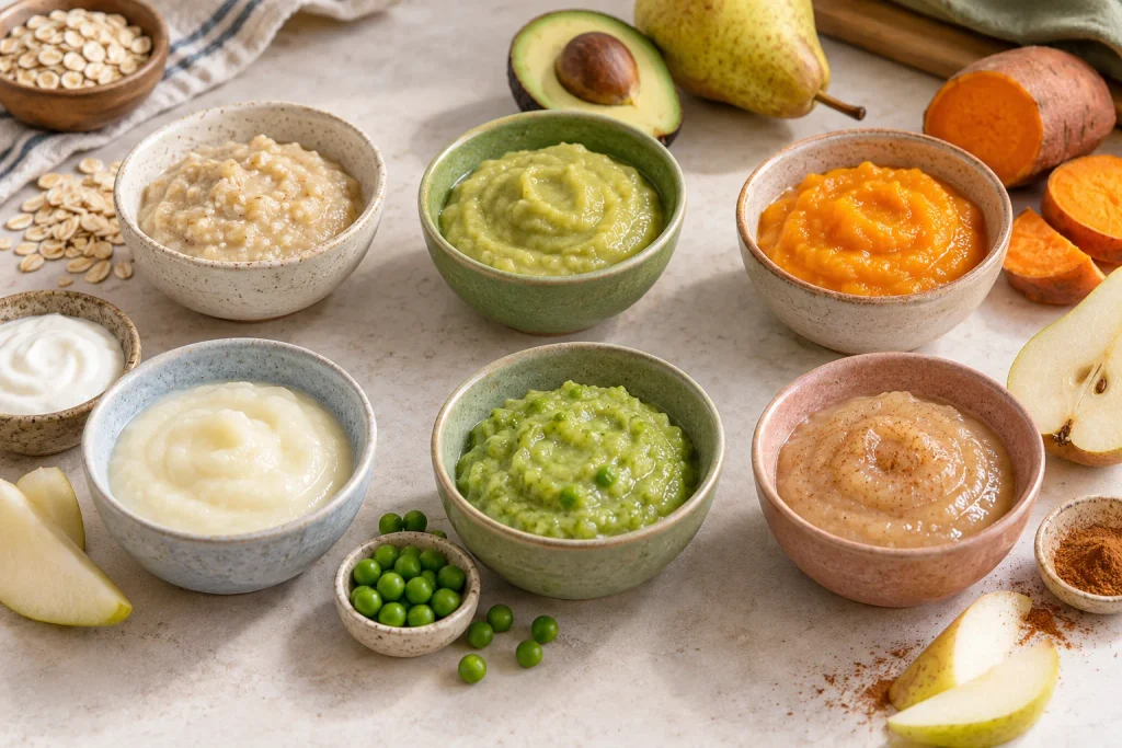 Six bowls of pear puree for baby mixed with oats, avocado, sweet potato, yogurt, peas and cinnamon, with matching ingredients nearby.