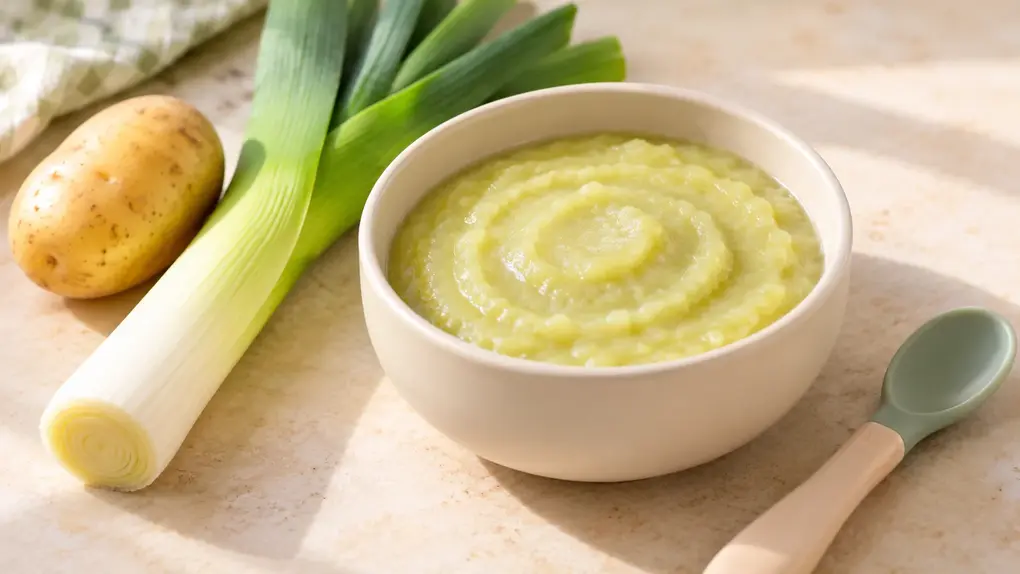 Leek puree for baby with potato in a cream bowl, served with fresh leek, potato and baby spoon for an easy homemade baby food recipe.