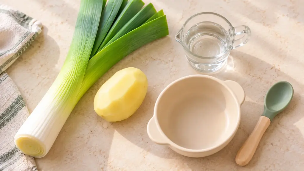 Leek puree for baby ingredients with fresh leek, peeled potato, water, cream baby bowl and spoon for an easy homemade baby food recipe.