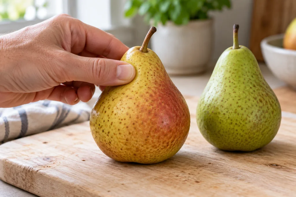 A hand checks a ripe pear near the stem for pear puree for baby, with a green pear beside it on a wooden board.